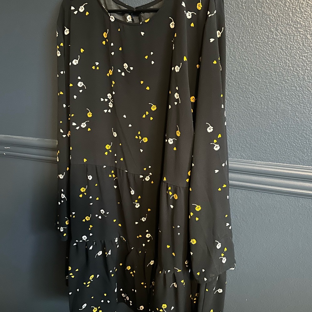 ASOS Curve Black Long Sleeve Dress with Yellow and White Floral Print